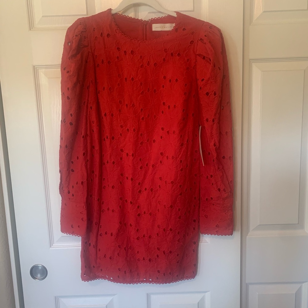 Happy x Nature LS Puff Sleeve Floral Eyelet Cotton red Mini Dress | NWT 6